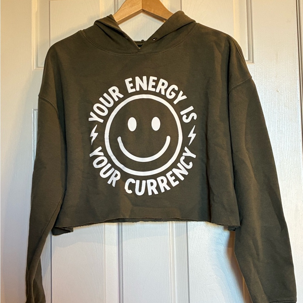 Wild Fable Olive Smiley Graphic Cropped Hoodie